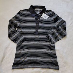 Bugatchi women's large gray black stripes 3/4 sleeve button collar shirt